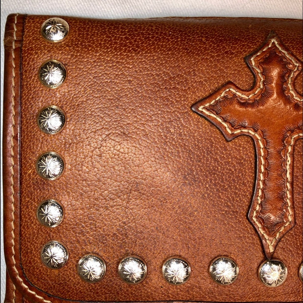 WESTERN LEATHER WALLET CROSS BROWN HAND STITCHED SILVER STUDS COWGIRL BOY UNISEX - Picture 5 of 9